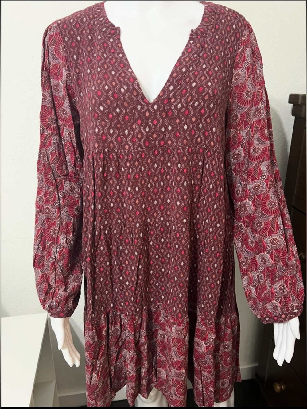 Maeve Anthropologie Boho Printed Long Sleeve Mini Dress L